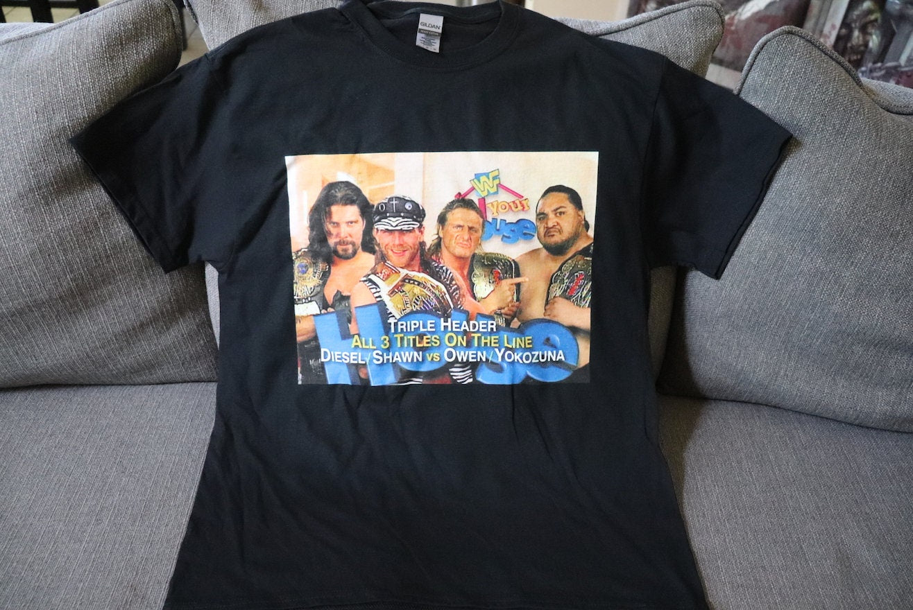 Triple Header T-Shirt [Shawn Michaels - Pop Culture - Hulk Hogan - Ric Flair - Randy Savage - Ultimate Warrior - Birthday - Christmas]