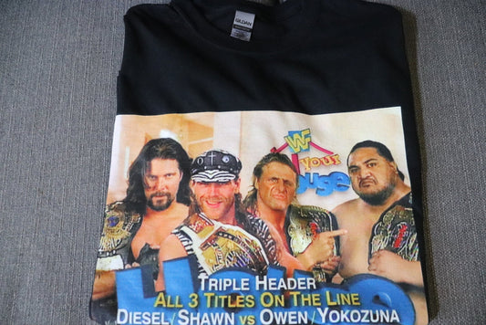 Triple Header T-Shirt [Shawn Michaels - Pop Culture - Hulk Hogan - Ric Flair - Randy Savage - Ultimate Warrior - Birthday - Christmas]