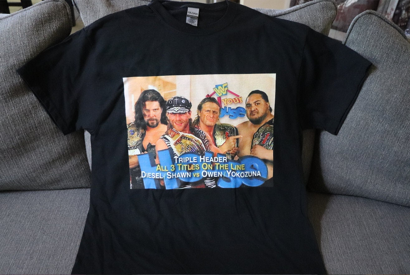 Triple Header T-Shirt [Shawn Michaels - Pop Culture - Hulk Hogan - Ric Flair - Randy Savage - Ultimate Warrior - Birthday - Christmas]