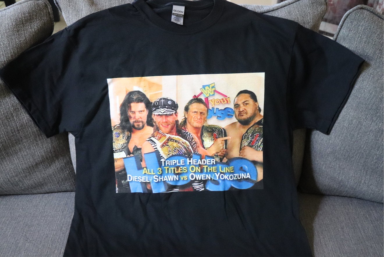 Triple Header T-Shirt [Shawn Michaels - Pop Culture - Hulk Hogan - Ric Flair - Randy Savage - Ultimate Warrior - Birthday - Christmas]