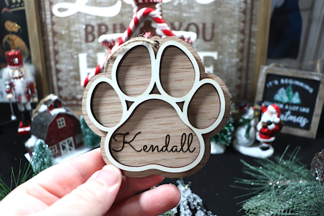 Custom Wooden Paw Print Christmas Tree Ornament 2(Customizable, Pets, Dogs, Christmas Present, Christmas Ornament, Secret Santa, Fur Babies)