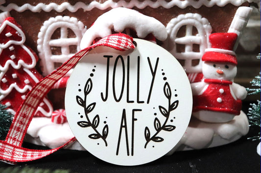 Jolly A F Wooden Christmas Tree Ornament (Christmas Present, Christmas Ornament, Secret Santa, Black Friday, Cyber Monday, Gift)