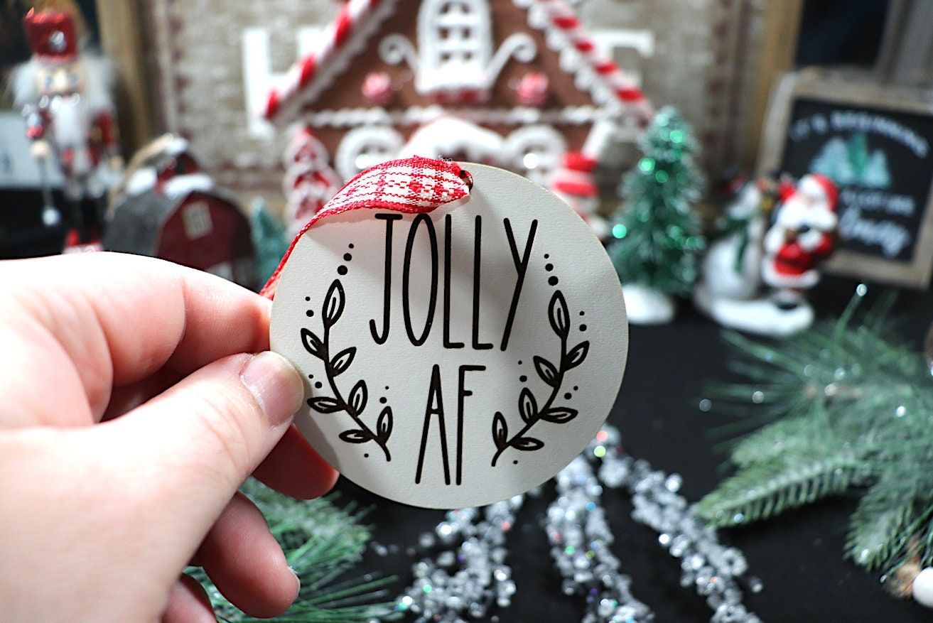 Jolly A F Wooden Christmas Tree Ornament (Christmas Present, Christmas Ornament, Secret Santa, Black Friday, Cyber Monday, Gift)