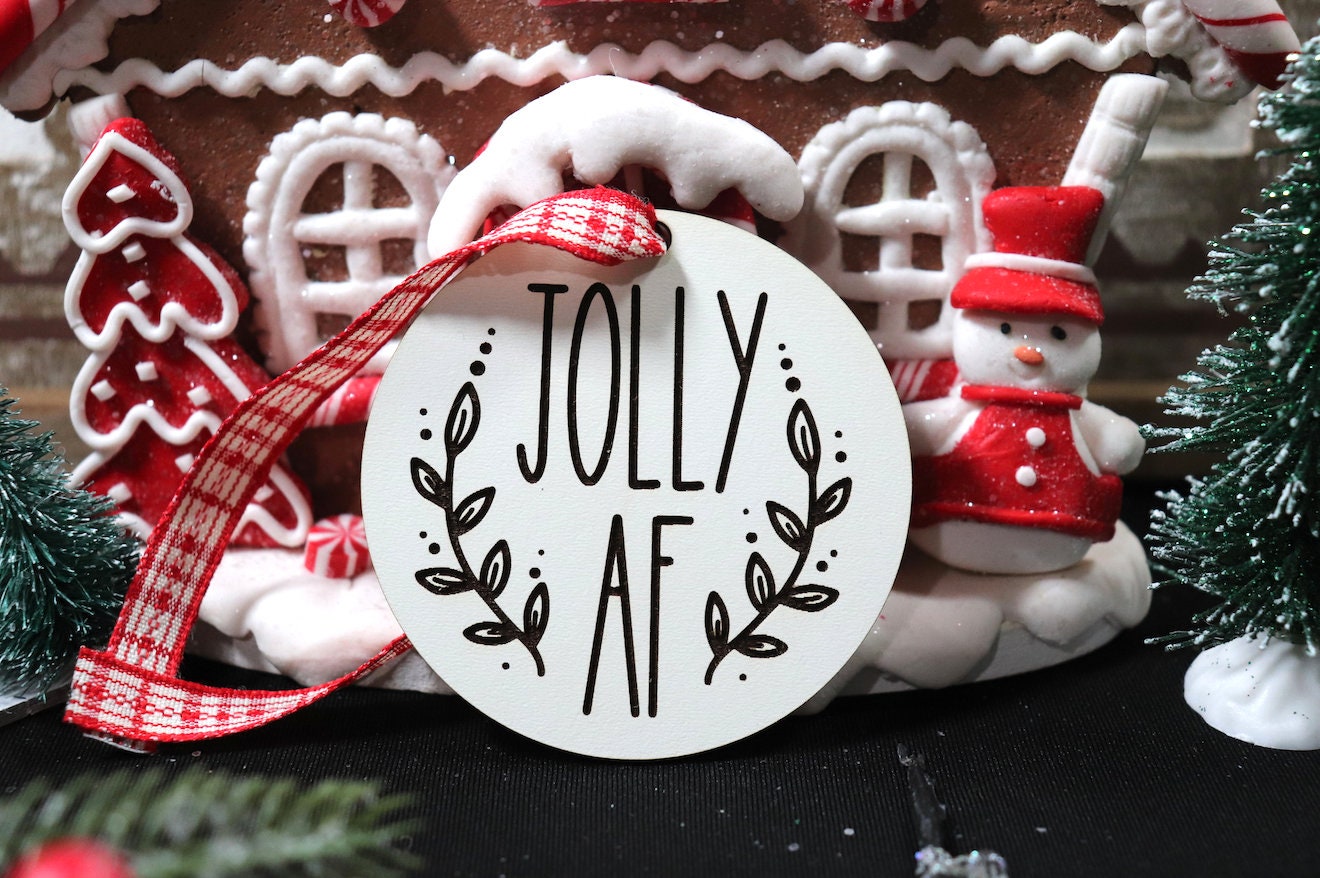 Jolly A F Wooden Christmas Tree Ornament (Christmas Present, Christmas Ornament, Secret Santa, Black Friday, Cyber Monday, Gift)