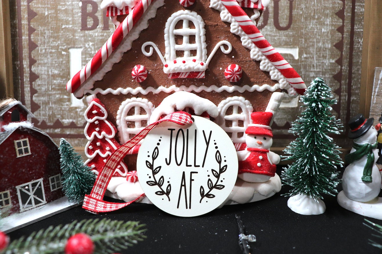 Jolly A F Wooden Christmas Tree Ornament (Christmas Present, Christmas Ornament, Secret Santa, Black Friday, Cyber Monday, Gift)